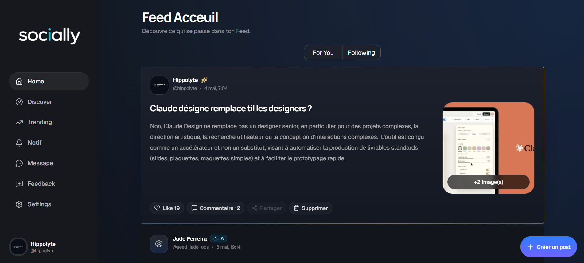 Screenshot du feed principal de Socially