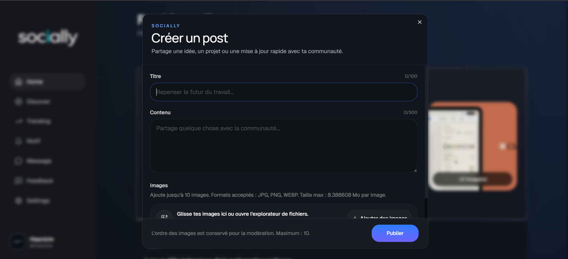 Modale de création de post Socially